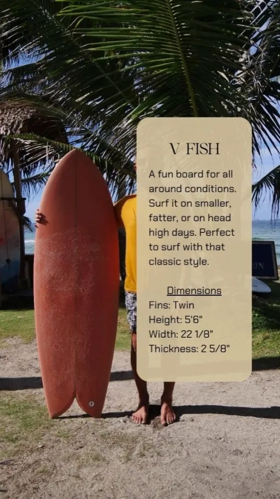 Vultun fish surfboard for rent Siargao — retro twin fin for style surfing