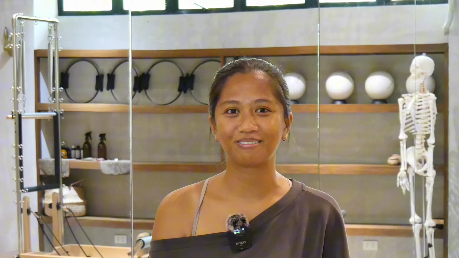 Dianne speaking in the Feral Pilates reformer studio in Siargao
