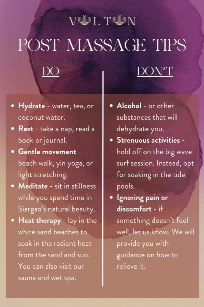 Vultun infographic on the dos and don'ts of post-massage care