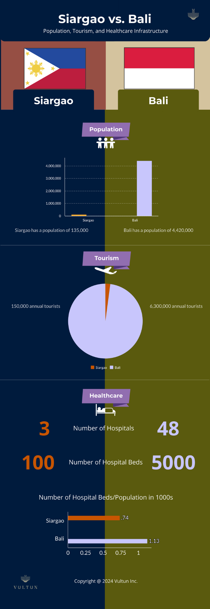 vultun infographic on difference between bali and siargao's tourism, population, and healthcare